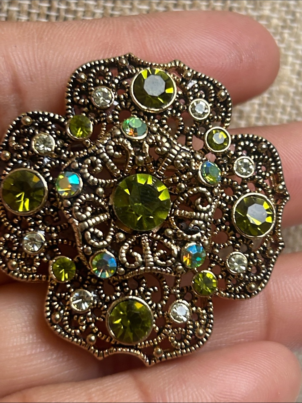Vintage-Style Olive Green Crystal Filigree Brooch